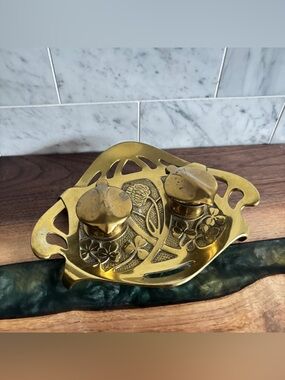 Vintage Antique German Brass Art Nouveau Double Inkwell with Ceramic Inserts